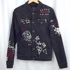 8IGHTH/DSTRKT Denim Jean Jacket Men's Small Black Embroidered Artsy Distressed